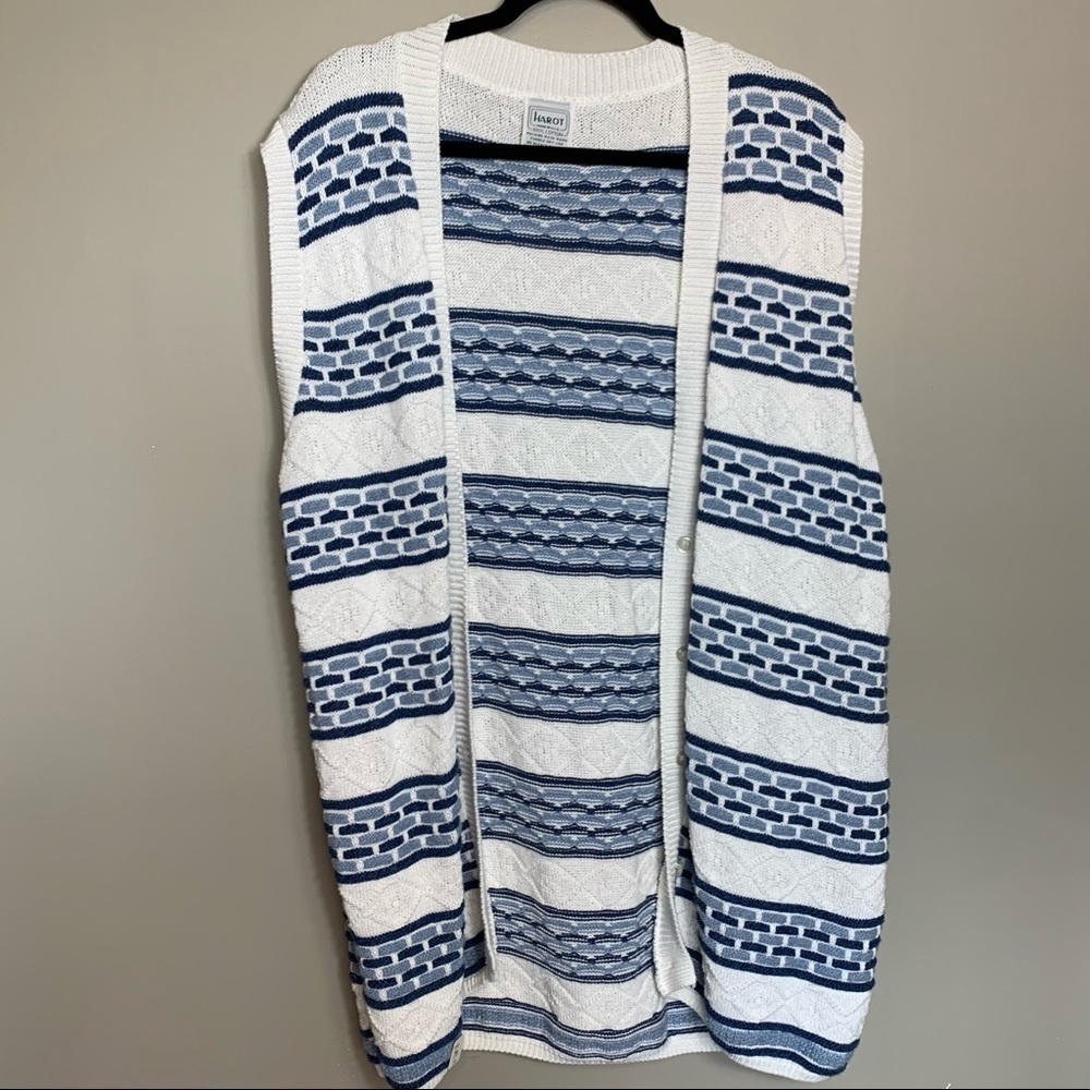 Crochet Sleeveless Cardigan Duster 1X Blue White Teacher Sweater Cozy